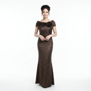 Tadashi Collection Vtg 90’Formal Brown Gown 4 Floor Length Tiered Ruffles Whimsy